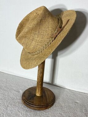 Vintage Magill Woven Straw Fedora Hat with Braided Leather Band L